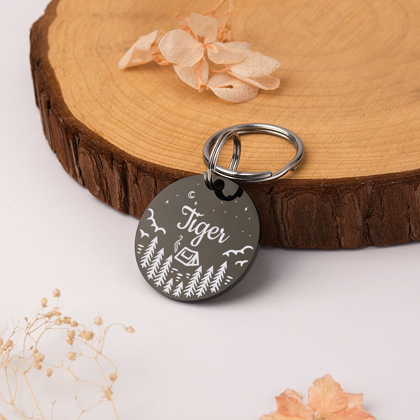 Round Camping in the Woods Collar Pet ID Dog Tag