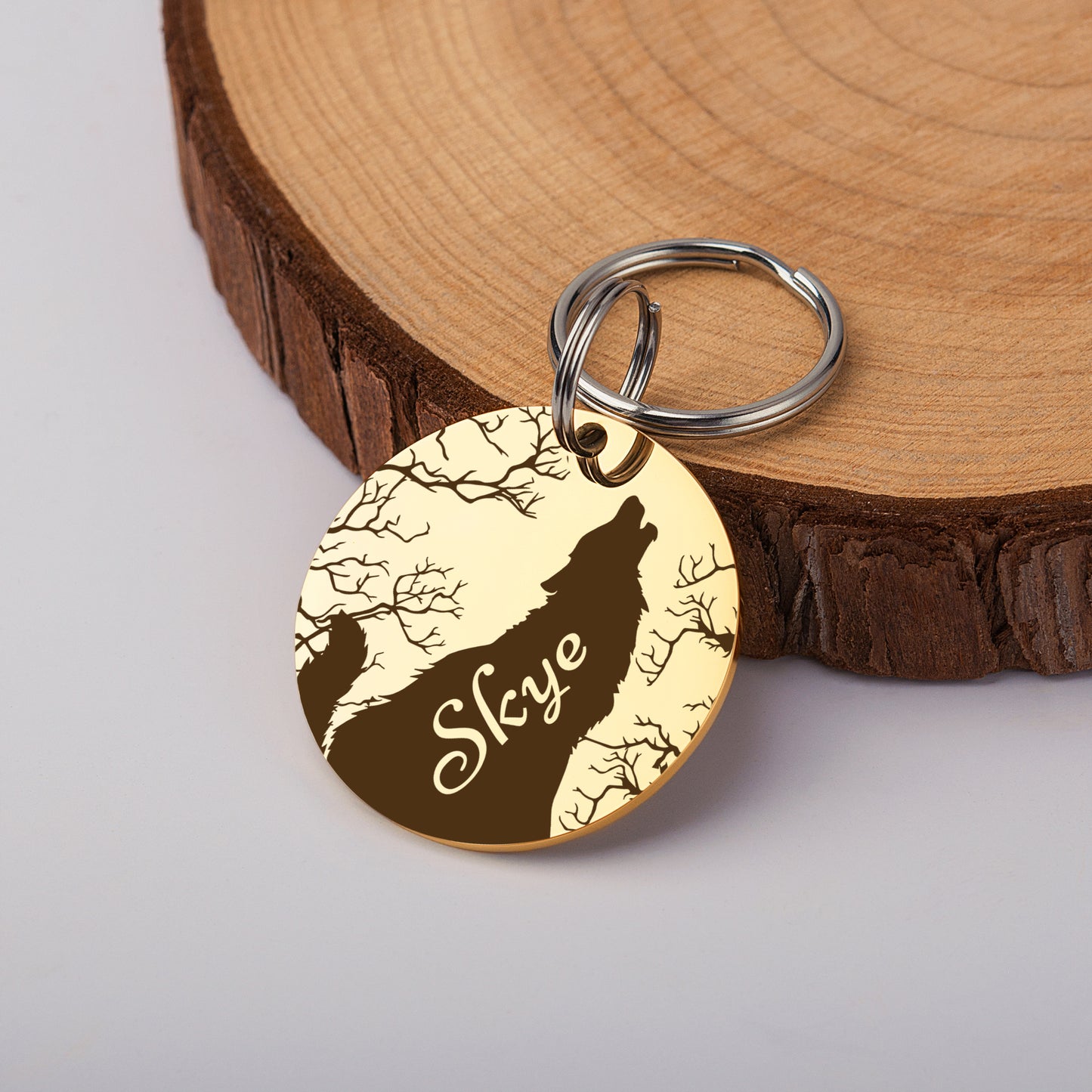 Round Howling Wolf Design Pet ID Tag