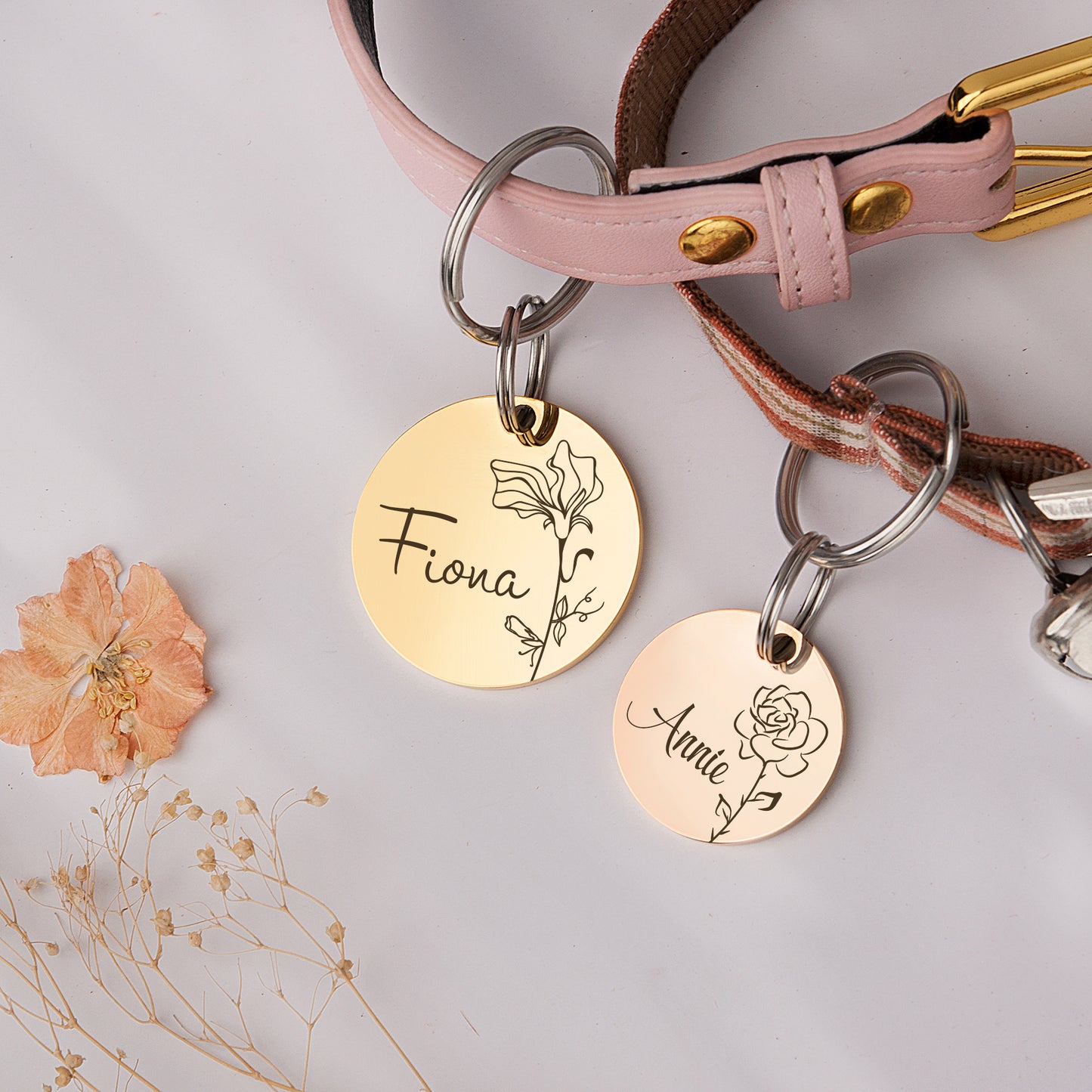 Round Shaped Birth Flower Pet ID Dog Tag