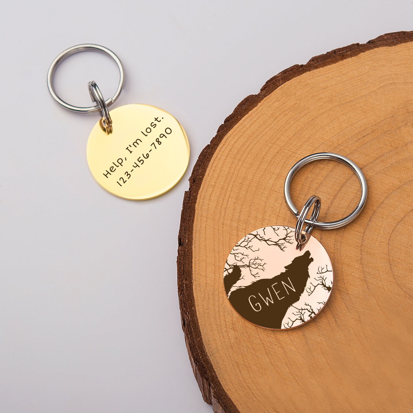 Round Howling Wolf Design Pet ID Tag