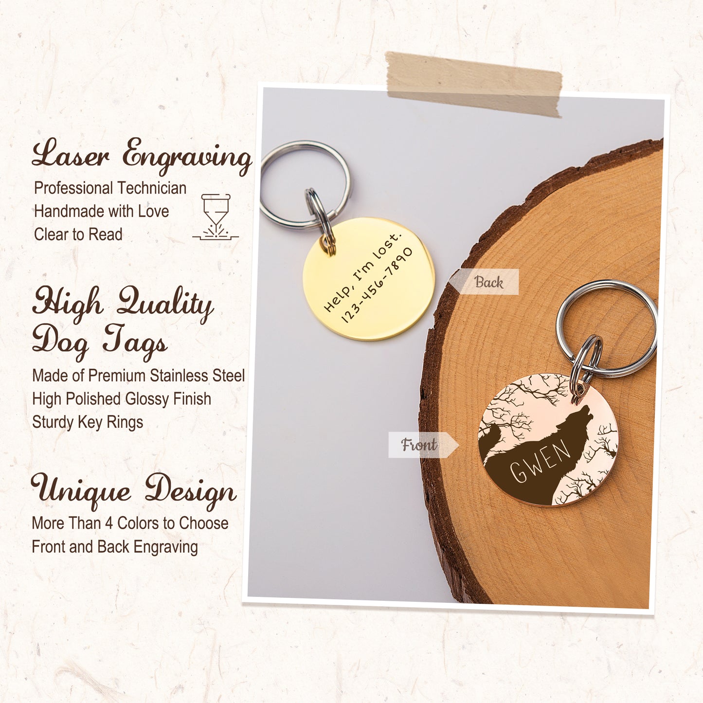 Round Howling Wolf Design Pet ID Tag