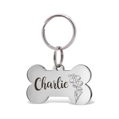 Birth Flower Dog Bone Pet ID Tag