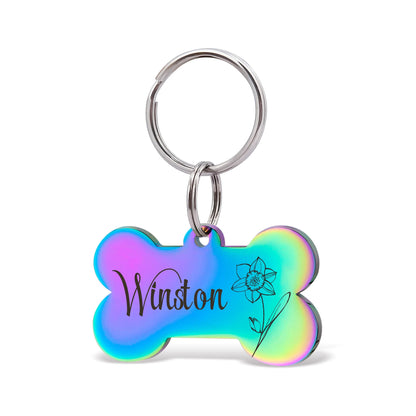 Birth Flower Dog Bone Pet ID Tag