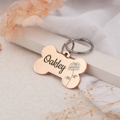 Birth Flower Dog Bone Pet ID Tag