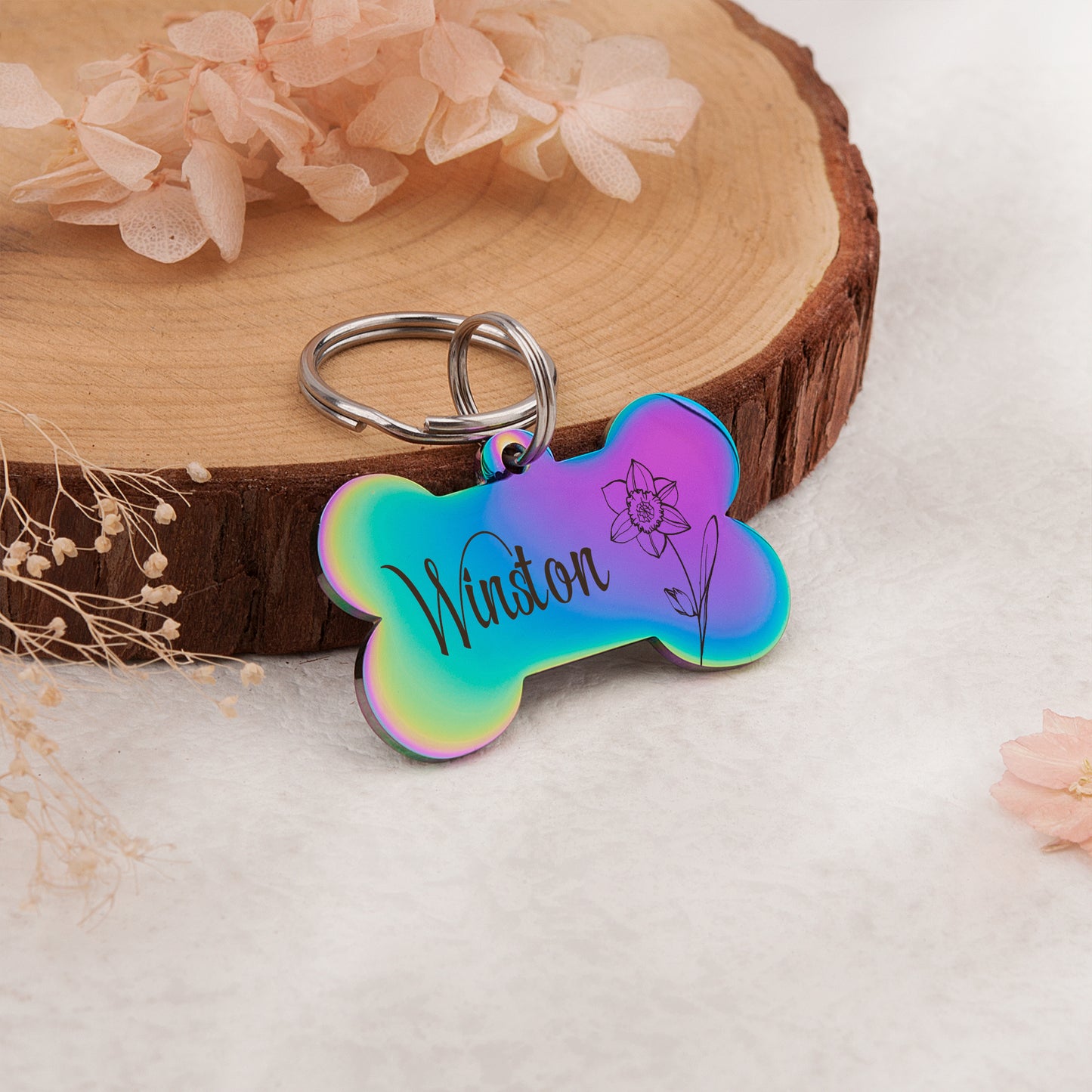 Birth Flower Dog Bone Pet ID Tag