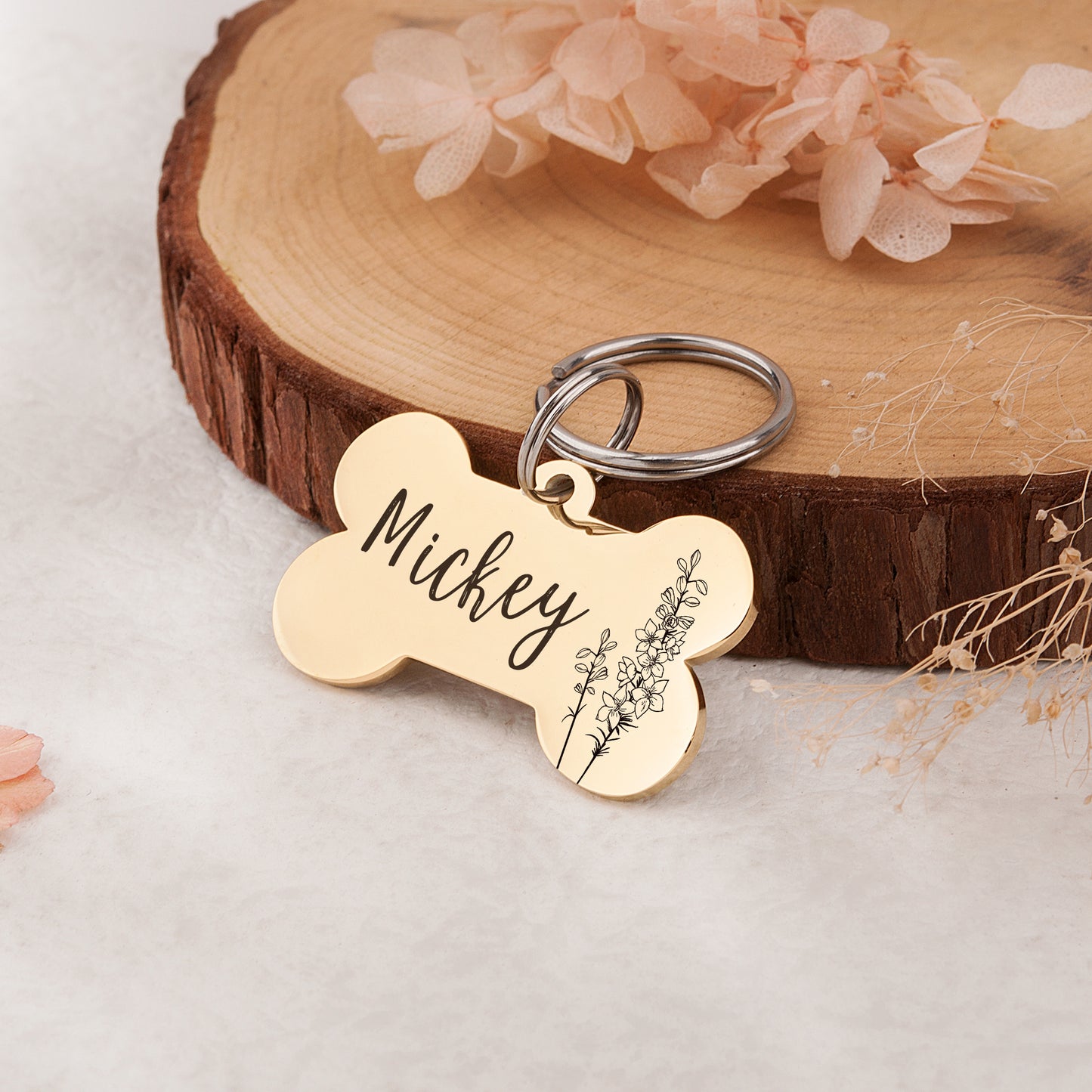 Birth Flower Dog Bone Pet ID Tag