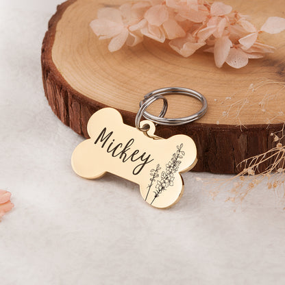 Birth Flower Dog Bone Pet ID Tag