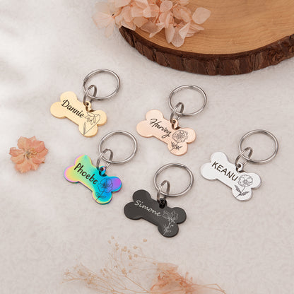 Birth Flower Dog Bone Pet ID Tag