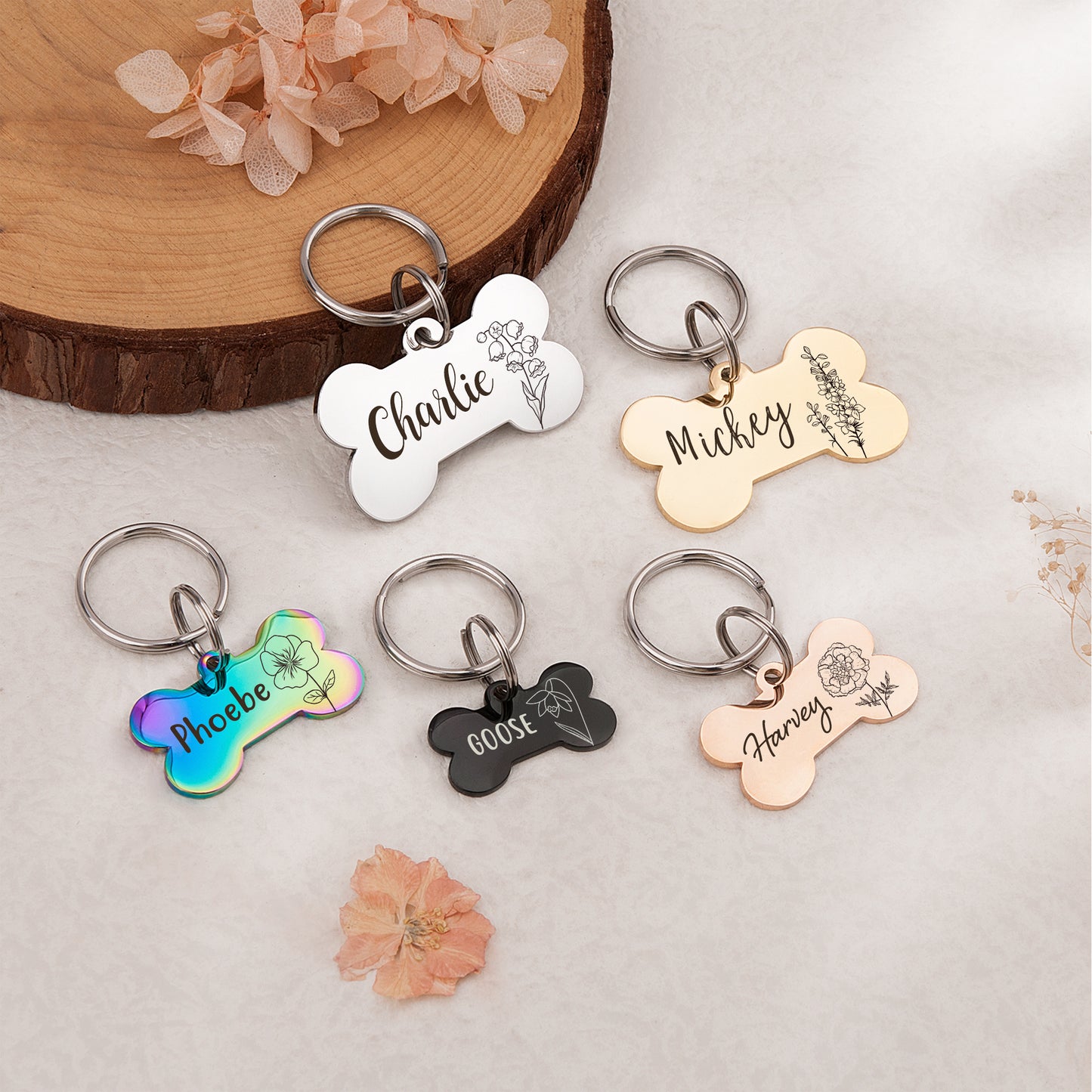 Birth Flower Dog Bone Pet ID Tag