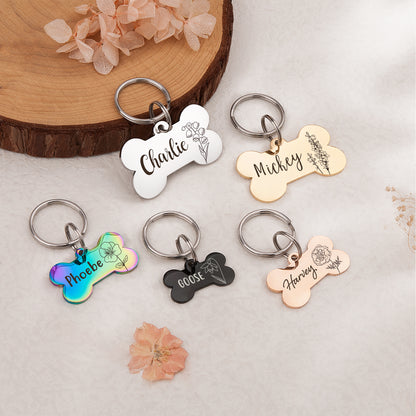 Birth Flower Dog Bone Pet ID Tag