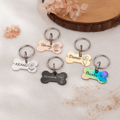 Birth Flower Dog Bone Pet ID Tag