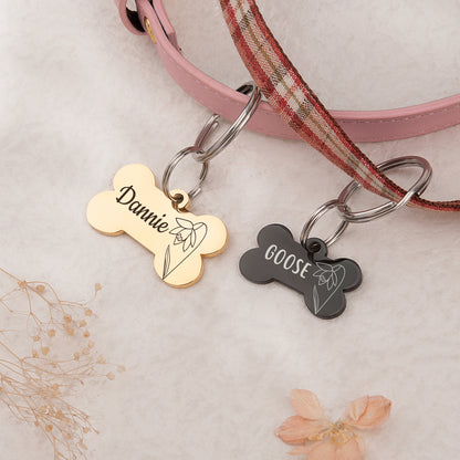 Birth Flower Dog Bone Pet ID Tag