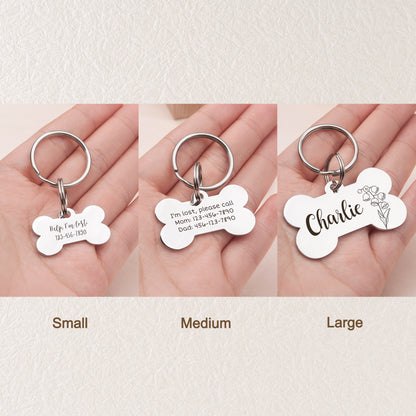 Birth Flower Dog Bone Pet ID Tag