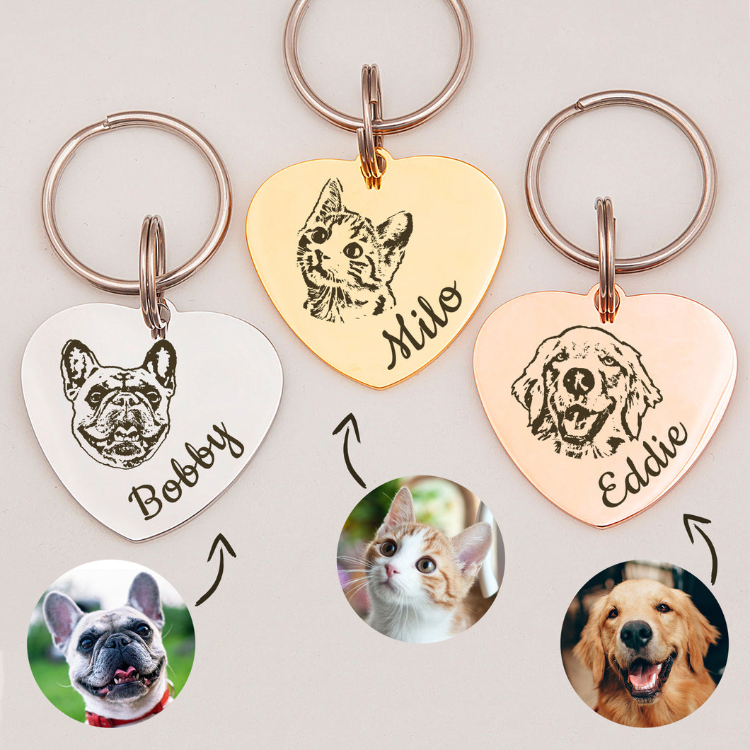 Personalized Heart Shaped Pet Portrait Pet ID Dog Tag