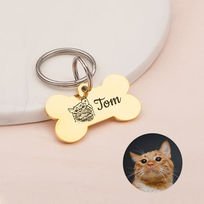 Personalized Pet Portrait Dog Bone Pet ID Tag