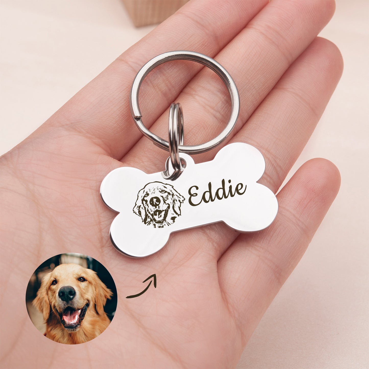 Personalized Pet Portrait Dog Bone Pet ID Tag