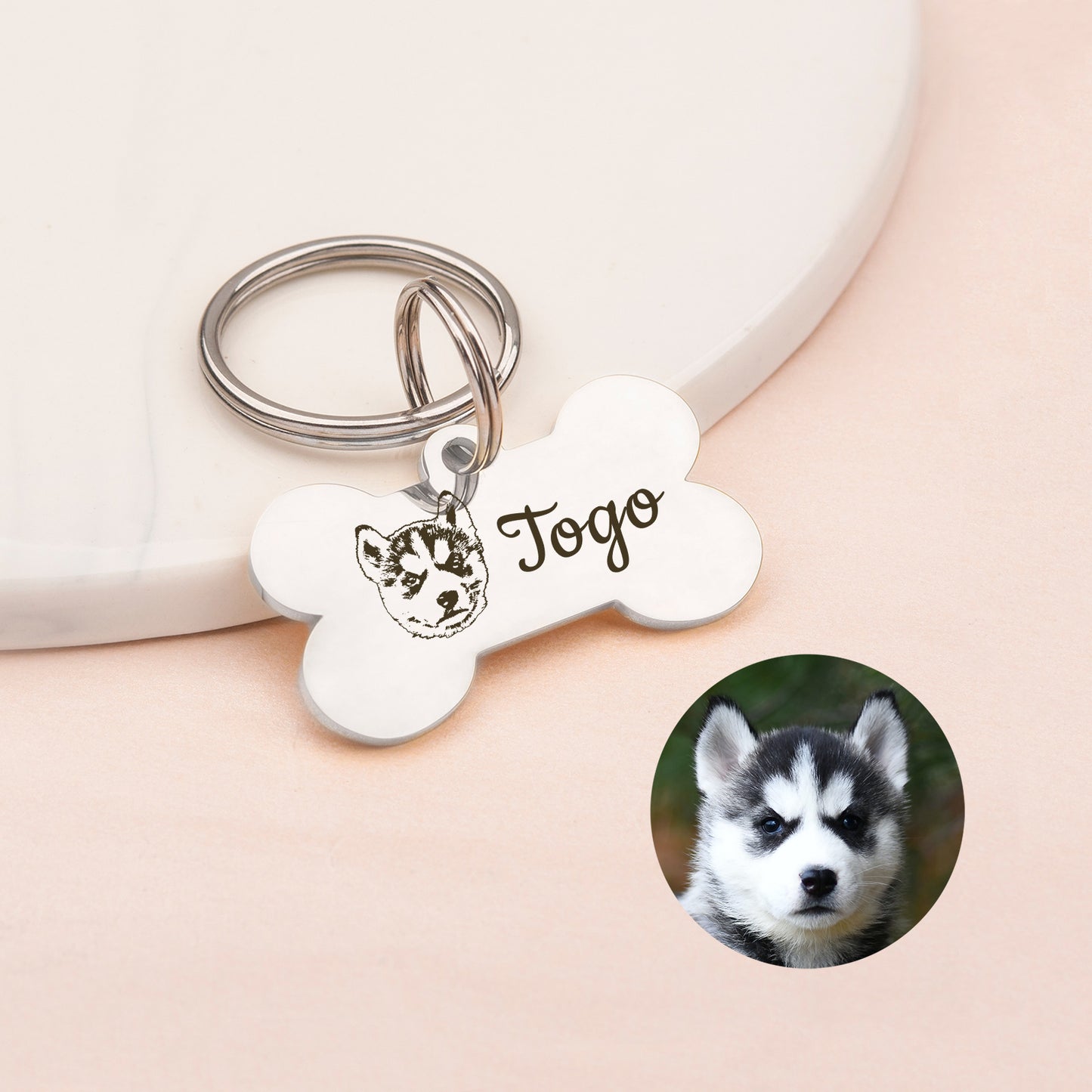 Personalized Pet Portrait Dog Bone Pet ID Tag