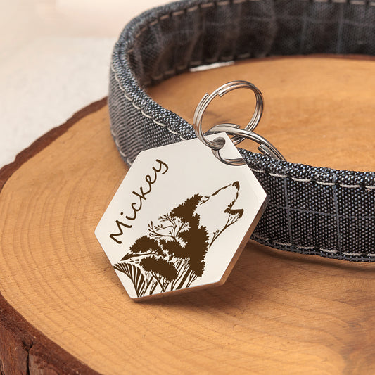 Howling Wolf Hexagon Pet ID Dog Tag