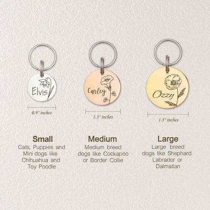 Round Shaped Birth Flower Pet ID Dog Tag