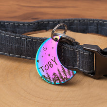 Load image into Gallery viewer, Personalized Moon Shaped Woods and Starry Sky Pet ID Dog Tag
