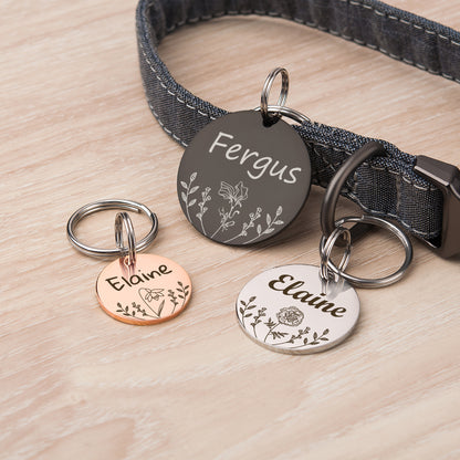 Round Birth Flower Garden Pet ID Dog Tag