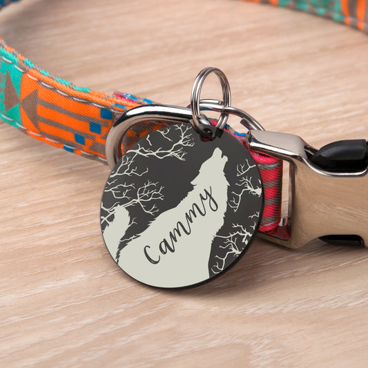 Round Howling Wolf Design Pet ID Tag