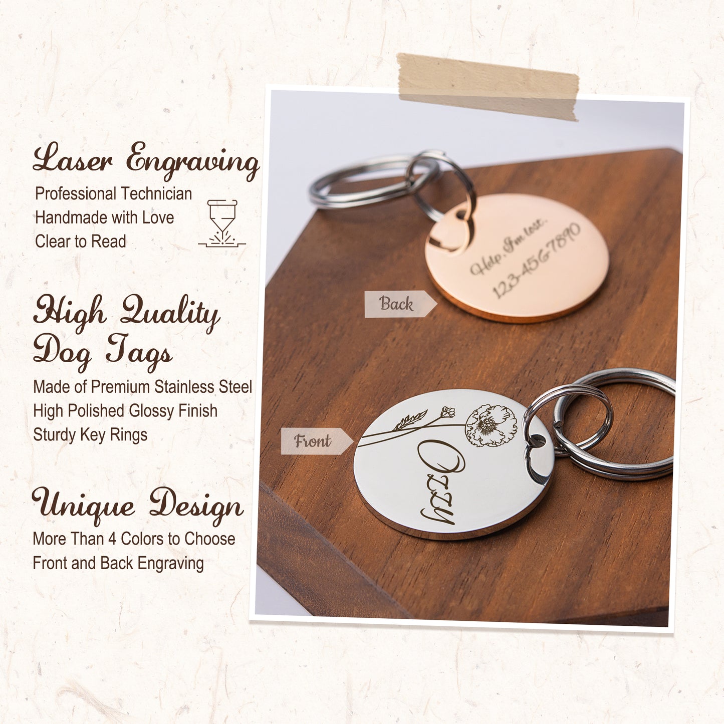 Round Birth Flower Pet ID Dog Tag