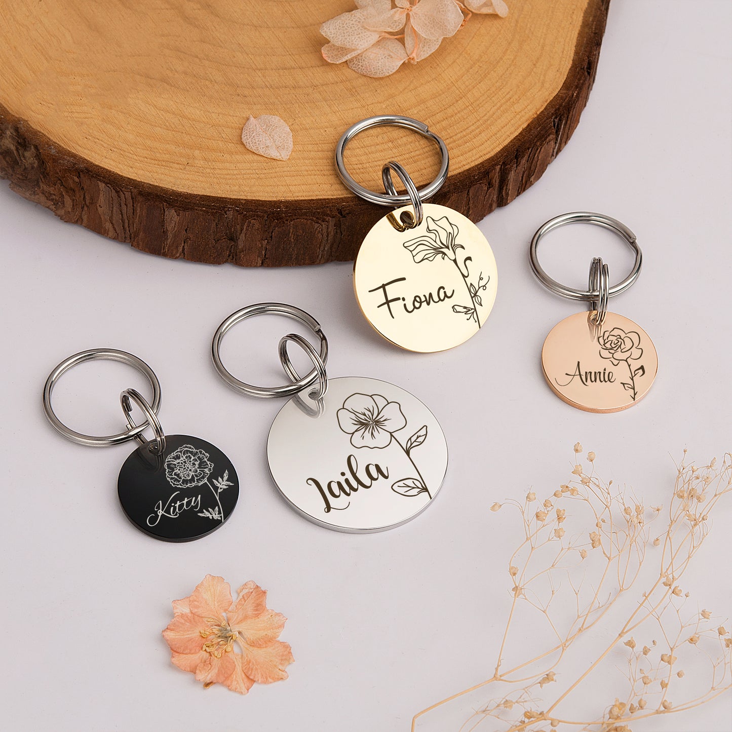 Round Shaped Birth Flower Pet ID Dog Tag