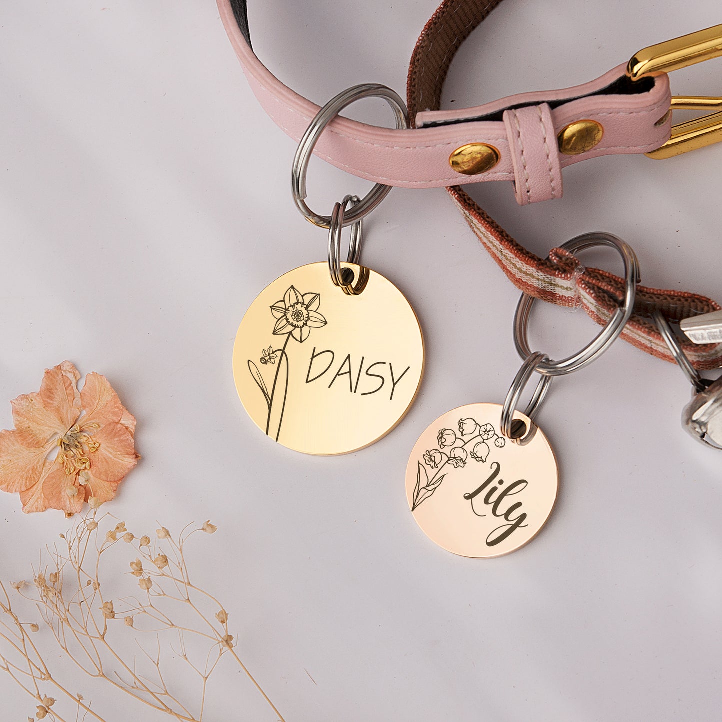 Round Birth Flower Pet ID Dog Tag