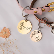 Load image into Gallery viewer, Personalized Round Shaped Birth Flower Pet ID Dog Tag
