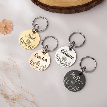 Round Birth Flower Garden Pet ID Dog Tag