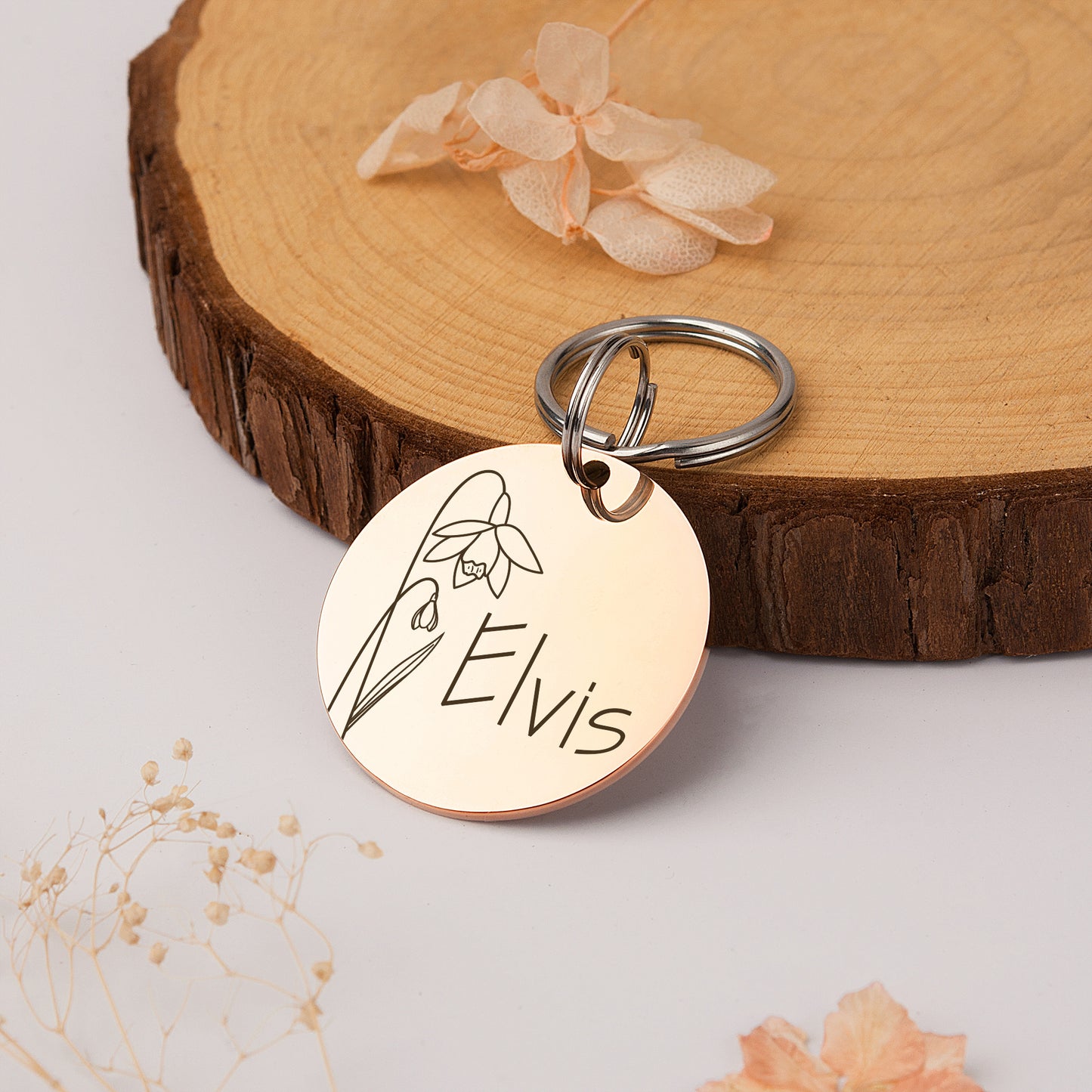 Round Birth Flower Pet ID Dog Tag