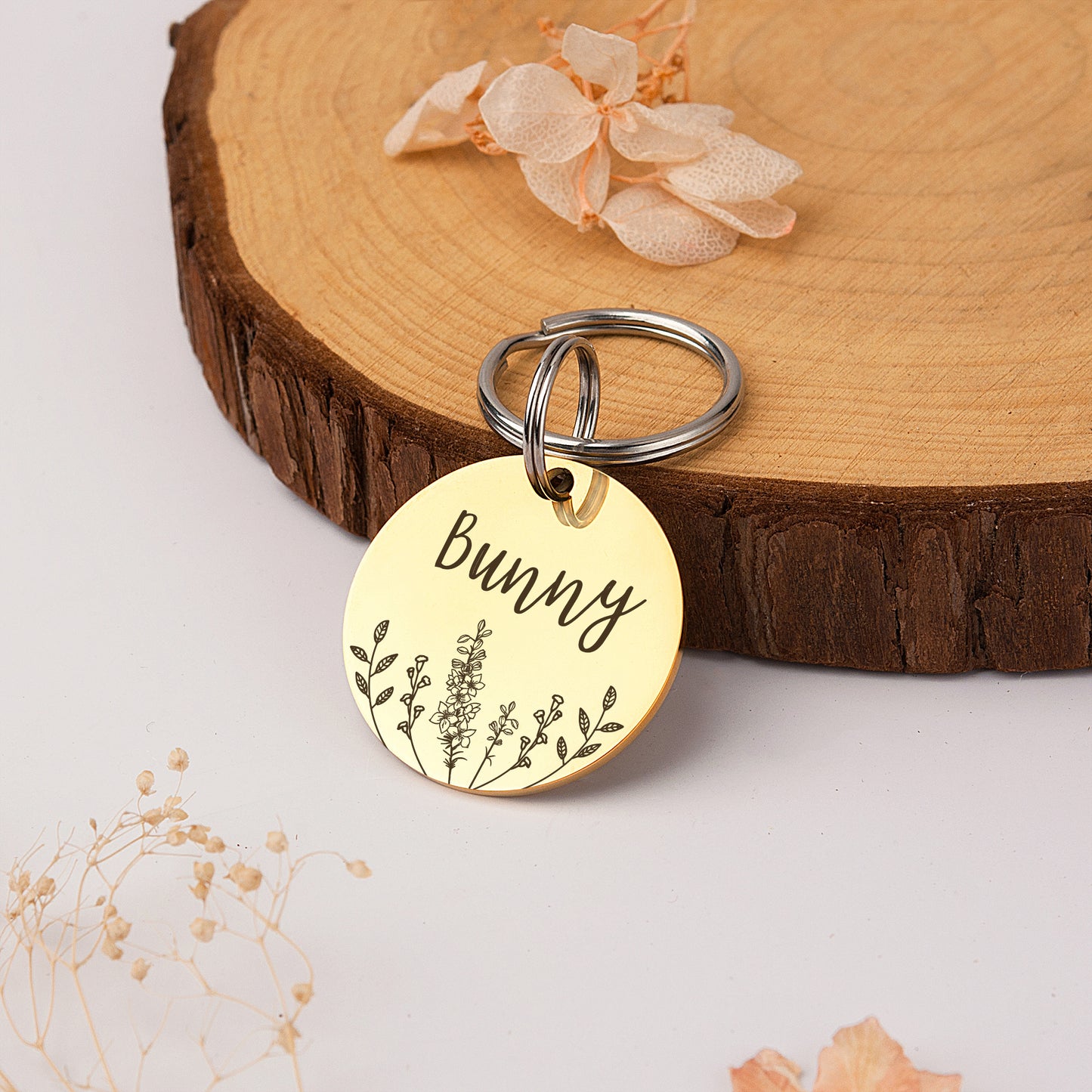 Round Birth Flower Garden Pet ID Dog Tag