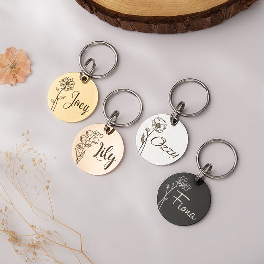 Round Birth Flower Pet ID Dog Tag