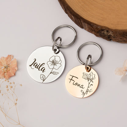 Round Shaped Birth Flower Pet ID Dog Tag