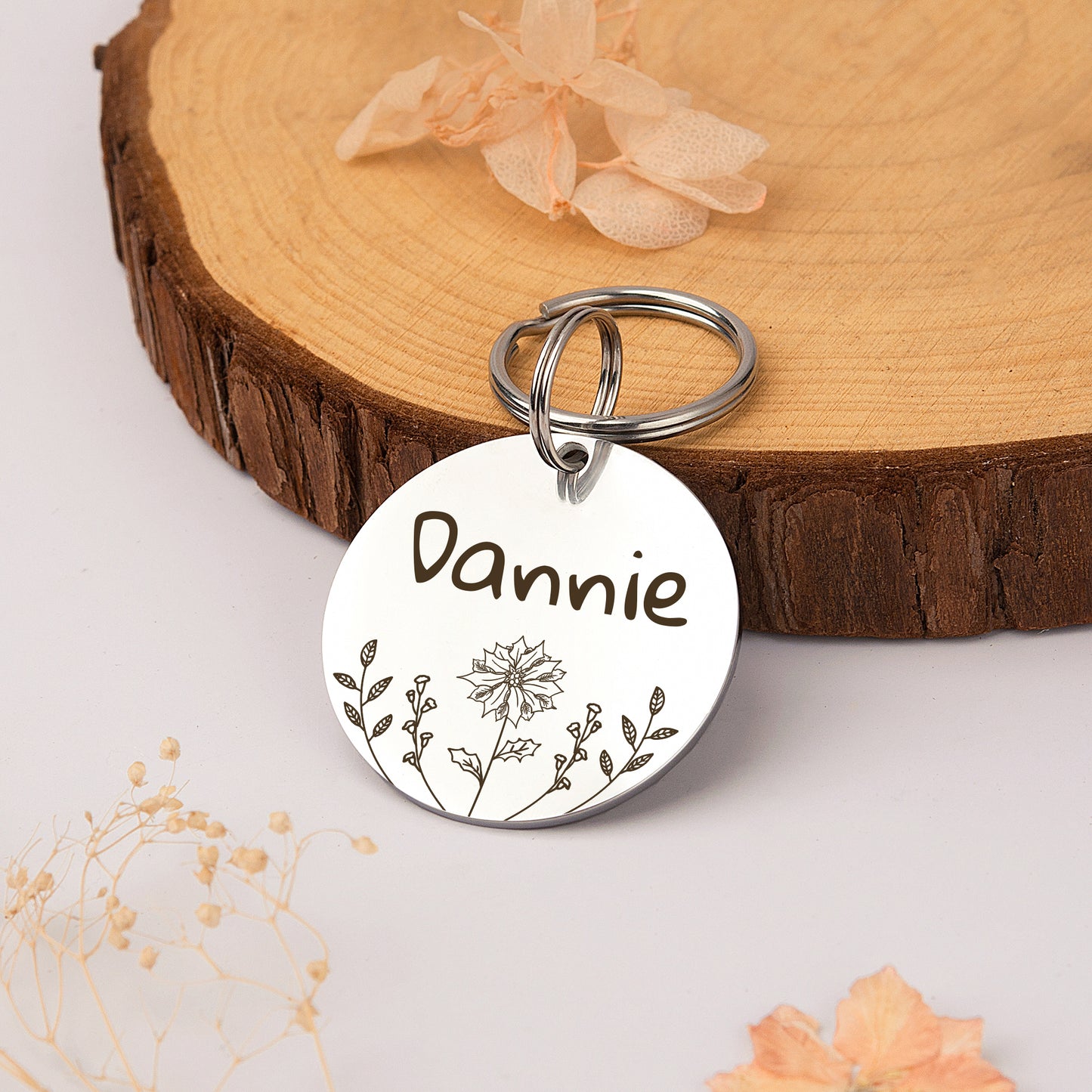 Round Birth Flower Garden Pet ID Dog Tag