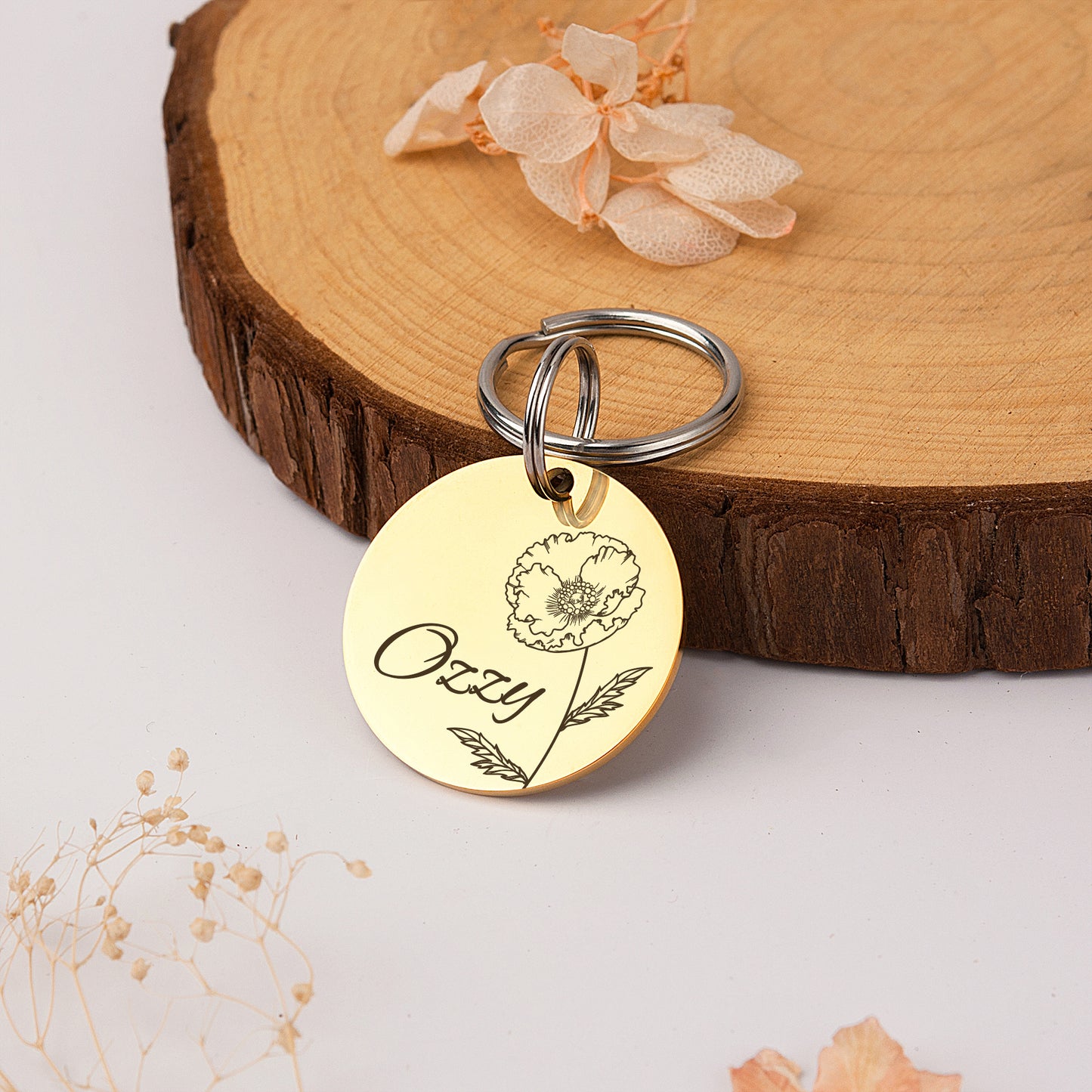 Round Shaped Birth Flower Pet ID Dog Tag