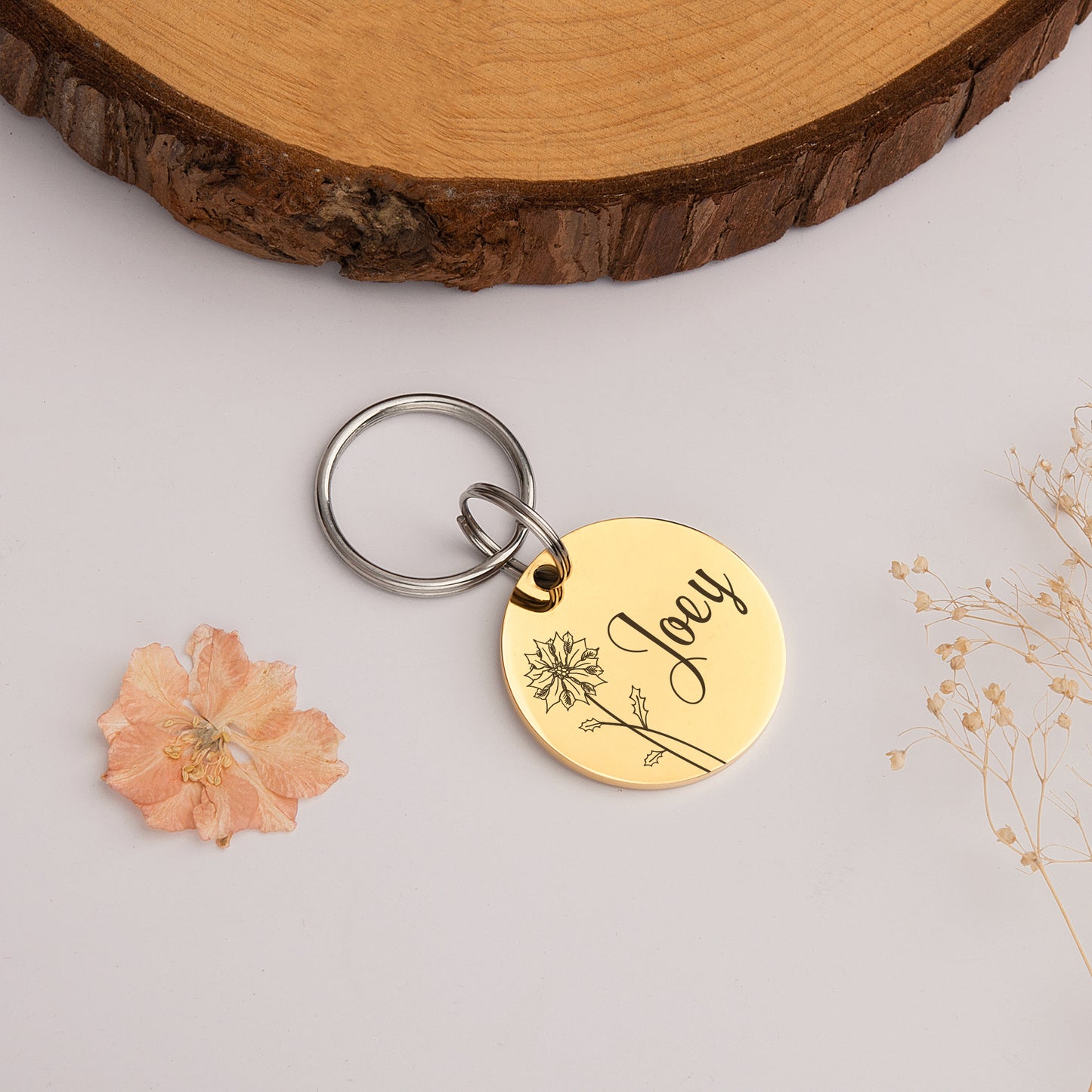 Round Birth Flower Pet ID Dog Tag