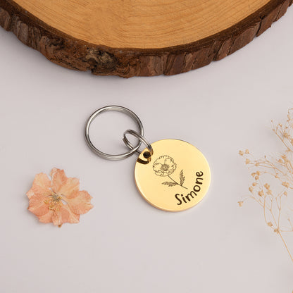 Round Birth Flower Pet ID Dog Tag