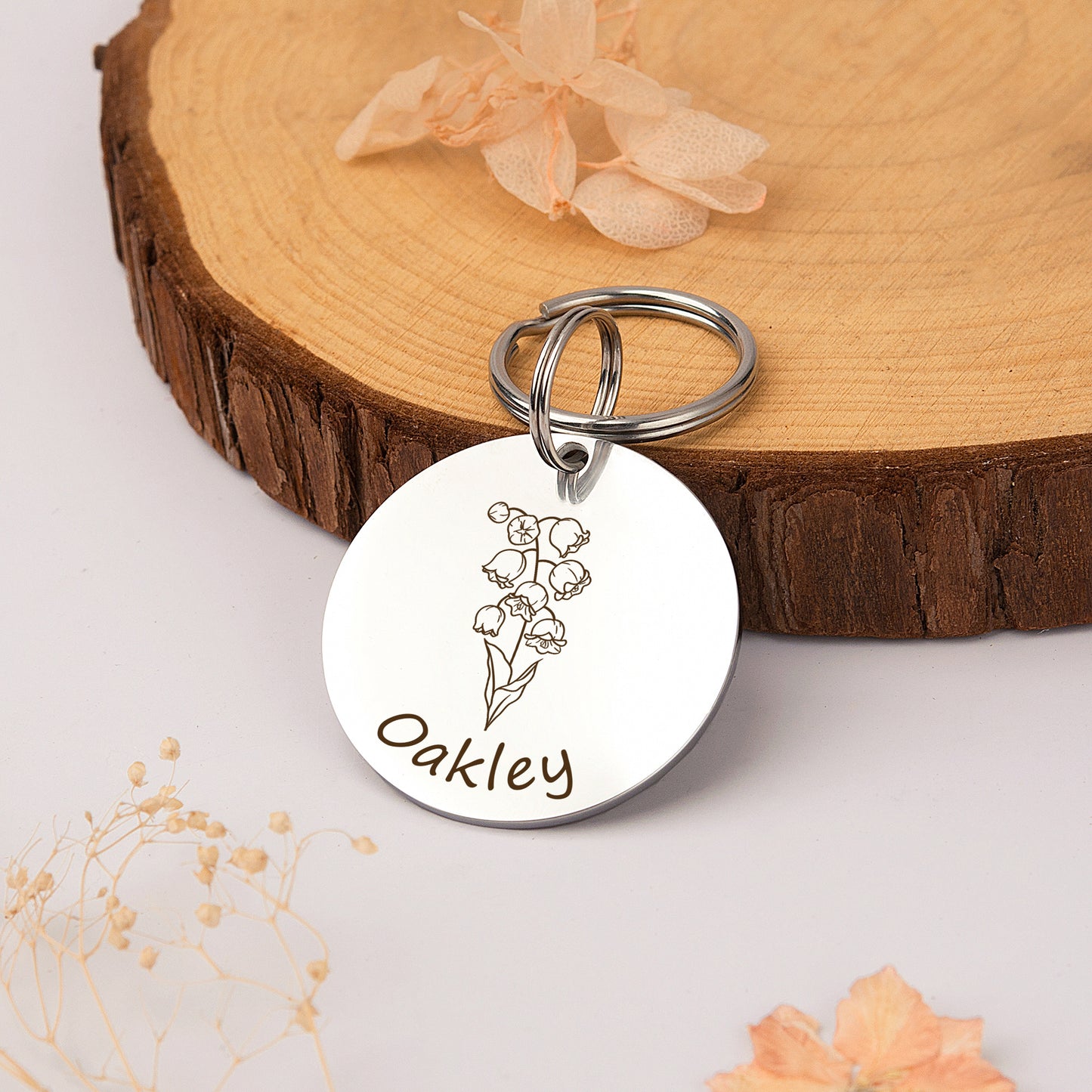 Round Birth Flower Pet ID Dog Tag