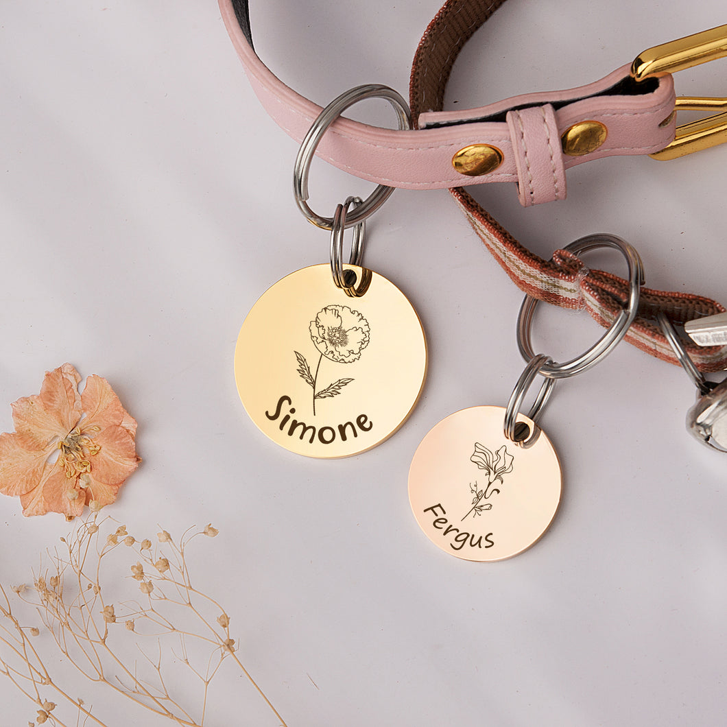 Personalized Round Shaped Birth Flower Pet ID Dog Tag