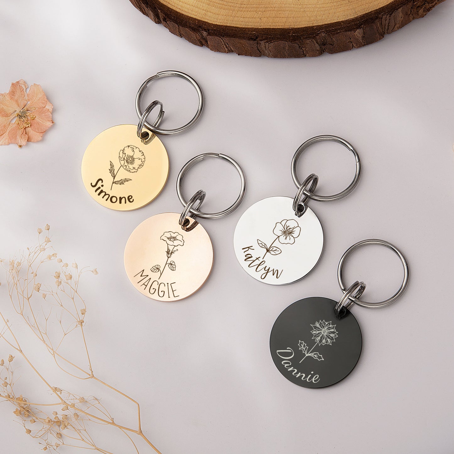 Round Birth Flower Pet ID Dog Tag